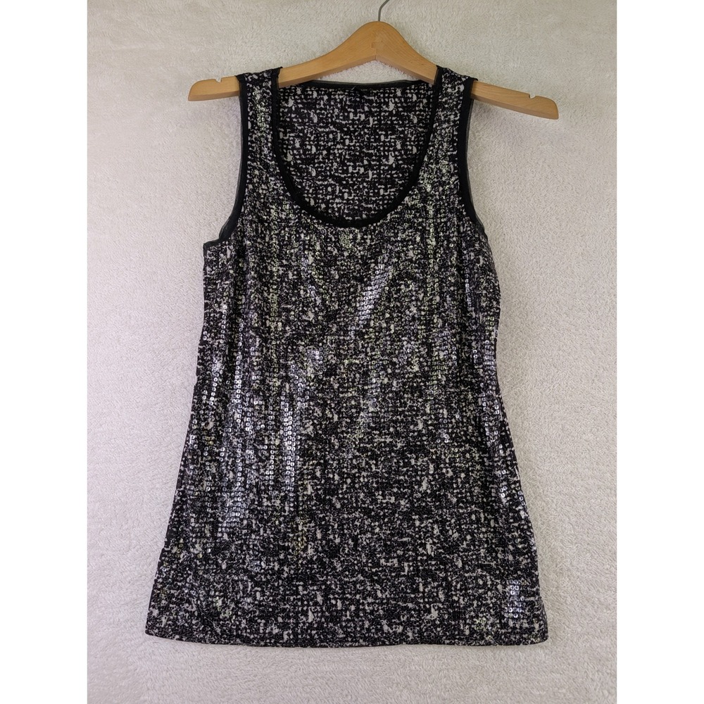 Ann Taylor Sequin Abstract Print Tank Top Black White Sleeveless Scoop Neck M